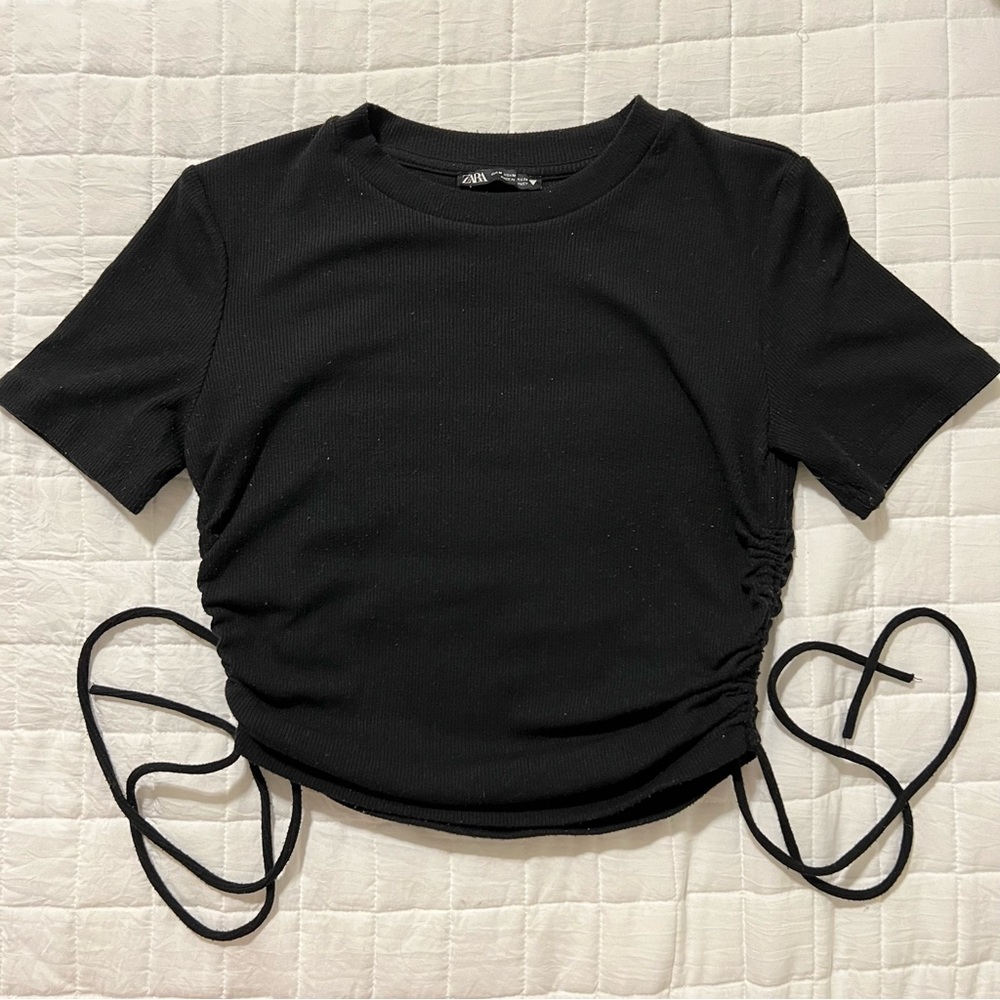 Zara Womens Black Ruched Side Tie Short Sleeve Crop Top Tee Ribbed Sz Medium